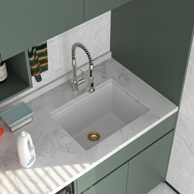 21/24 Inch Black White Quartz Composite Laundry Sink Workstation Undermount Utility Sink 12 Inch Deep Single Bowl Laundry Tub with Cutting Board