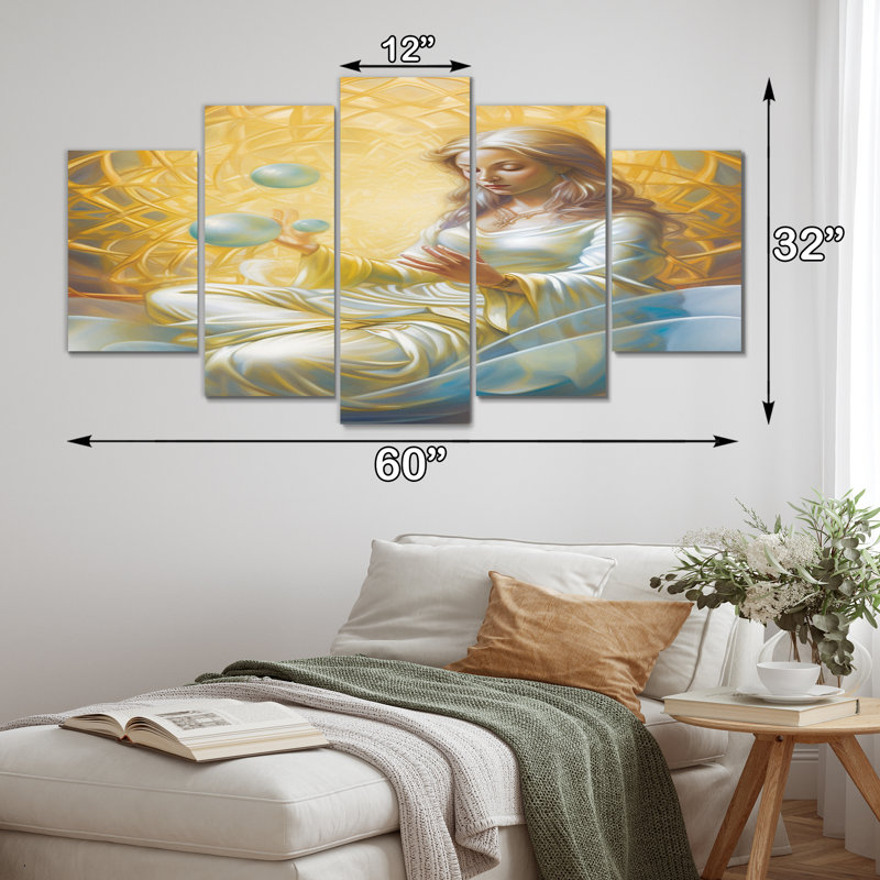 «Woman Goddess In Lotus Golden Meditation», art mural sur toile, 5 panneaux