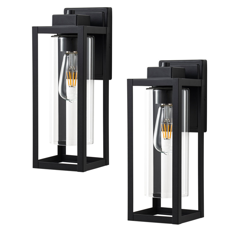 14 In. 1-light Matte Black Outdoor Wall Lantern Sconce With Cylinder Clear Glass Shade(2-pack)