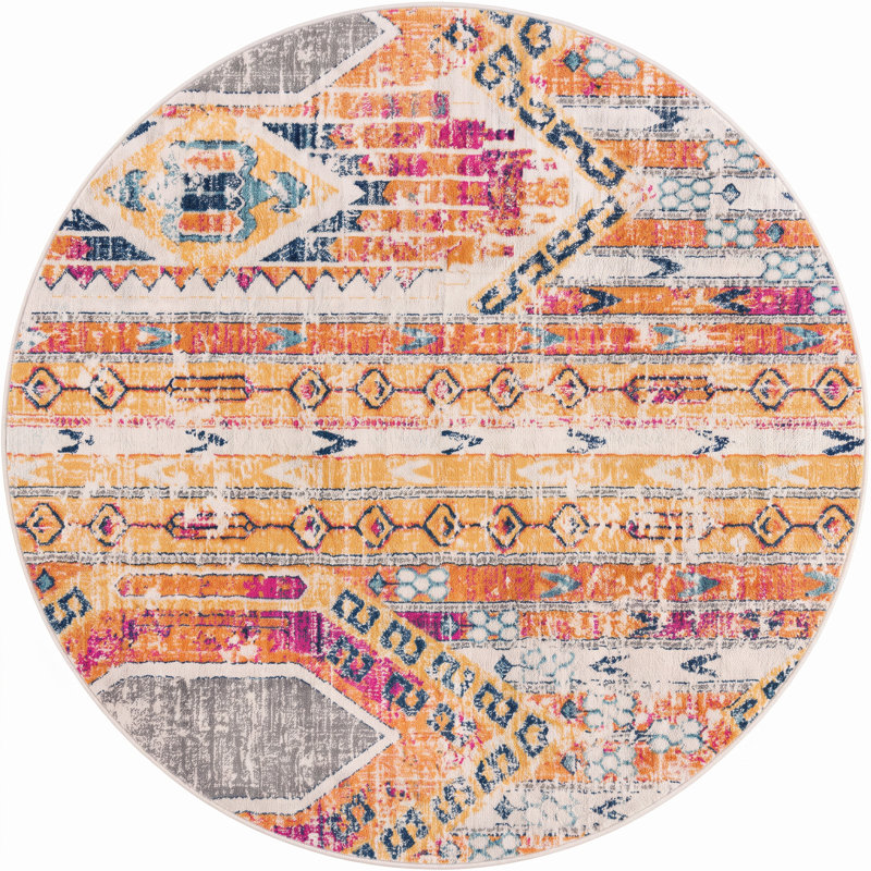Tapis intérieur beige / jaune contemporain Branch Branch Pellerin Boho, Rond 5 pi 3 po