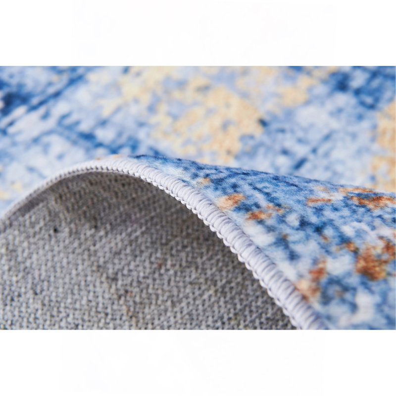 Tapis bleu super doux à motif abstrait lavable à la machine, Rectangulaire 3 pi x 5 pi