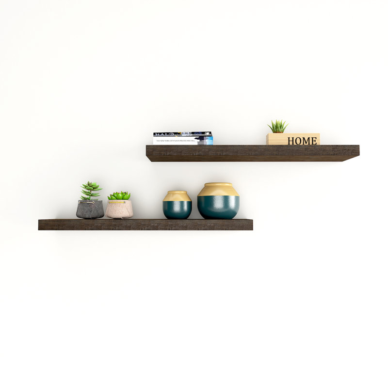 Chloe-Elise 2 Piece Rubberwood Floating Shelf, Walnut, 1.5" H x 30" W x 7" D