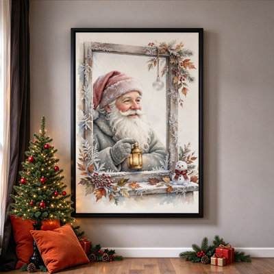 Le Père Noël à une fenêtre enneigée, tableau sur toile encadré, cadre noir, 40 x 60 cm