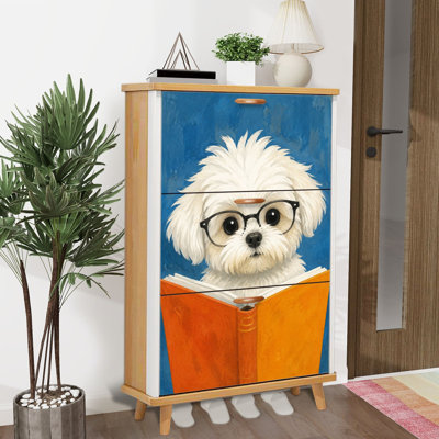Armoire de rangement pour chaussures avec 3 tiroirs rabattables pour un mignon chien blanc portant des lunettes lisant un livre orange