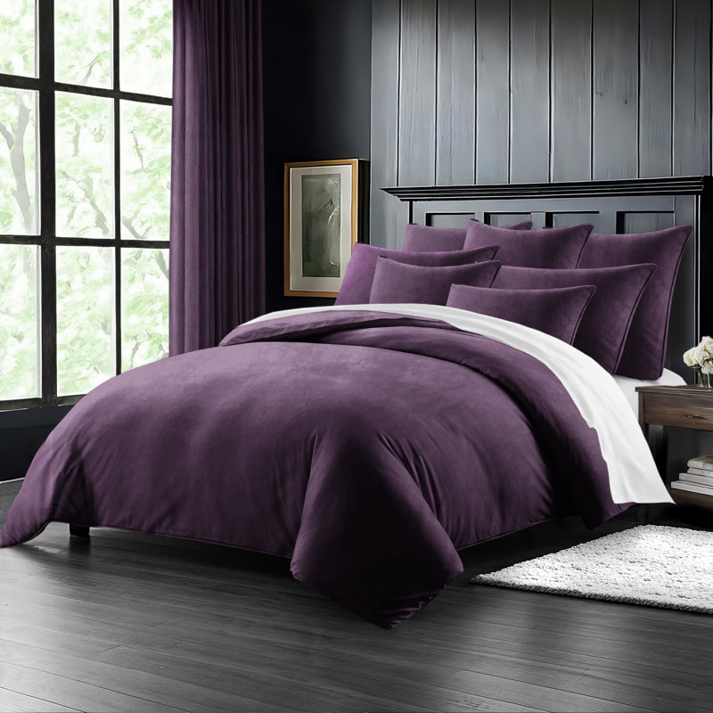 Cascade Velvet Solid Colour Coverlet Set / Bedspread Set - 8 Piece, California King Coverlet + 7 Additional Pieces, Purple
