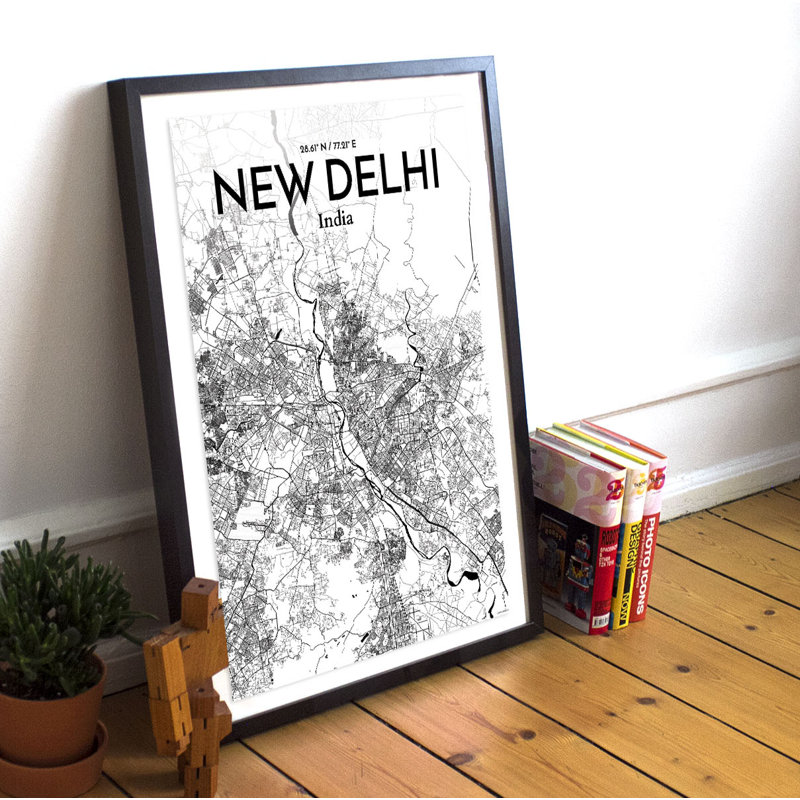 « new delhi city map », impression d’art graphique en gris, H 27,6 po x l 19,7 po x P 0,05 po