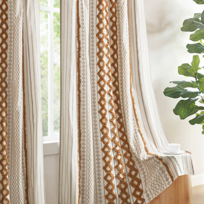 Cotton Printed Window Panel with Chenille Stripe and Lining, 50x84 Inches, for Light Filtering and Privacy
