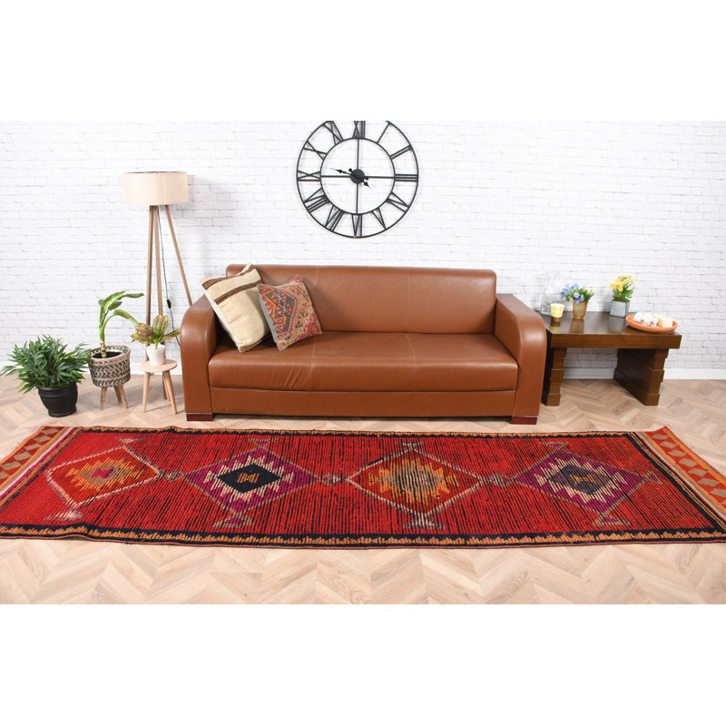 Tapis turc Herki tissé à la main en rouge vif pour couloir et couloir - Tapis en laine Anatolian authentique pour décoration intérieure traditionnelle