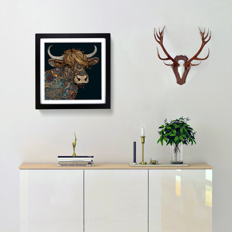 Highland Cow Paisley No.2 - Single Picture Frame Print on Wood, Black