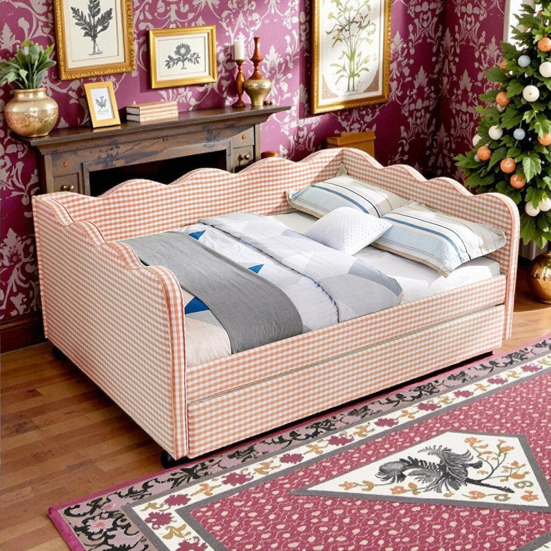 Lit de jour en lin double avec couchette simple, port de charge USB, lit Wave, Rose