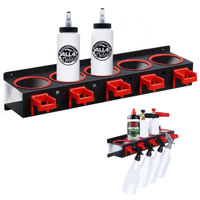 Spray Bottle Storage Rack, Wall Mount Hanging Rail Organizer for Car Auto Cleaning Detailing Tools & Beauty Shop Accessories – 5 Slots Heavy Duty Metal Bottle Holder