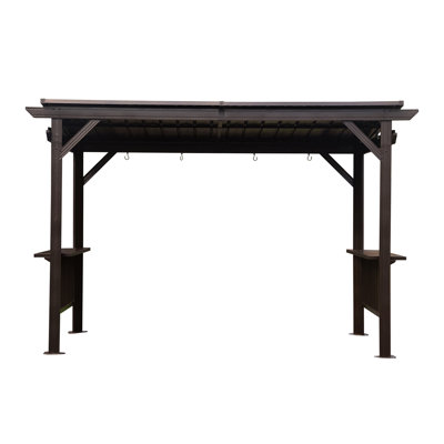 6.5x12FT Hardtop Grill Gazebo, Outdoor BBQ Gazebo with 2 Side Shelves and Sloping Galvanized Steel Roof, Metal Permanent Grill Canopy with Ceiling Hooks for Patio, Lawn, Backyard, Deck, Brown