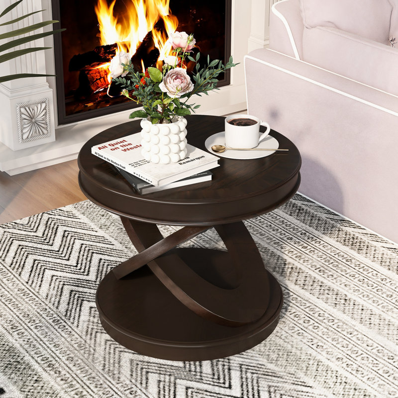 Table de bout ronde en bois avec base en forme de X, Espresso