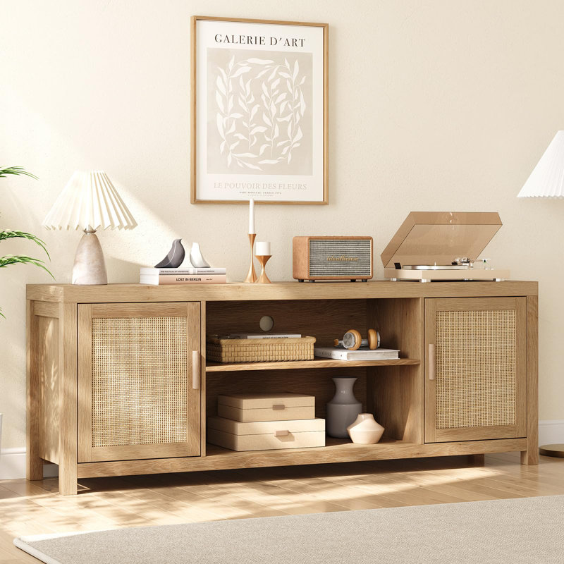 Rattan TV Stand for 65inch, Natural Oak Entertainment Center with 2-Tier Storage, Boho Wooden TV, 25"H x 58"L x 15.7"W