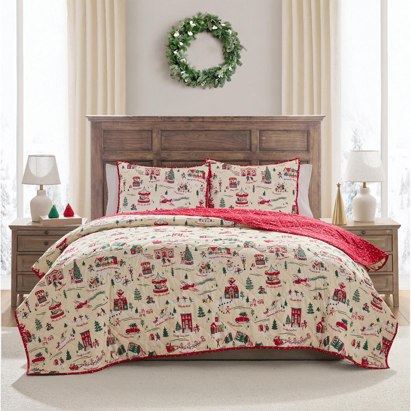 Hallmark Multi Christmas Village 3-Piece Holiday Quilt Set, Full/Queen, Queen Quilt + 2 Standard Shams, Beige/Red