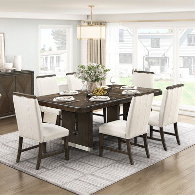 Contemporary Dining Of 7 Pieces, Extendable Rectangular Table, 6 Comfortable Beige Upholstered Chairs, Brown Finish Modern 7pc , Table With Removable