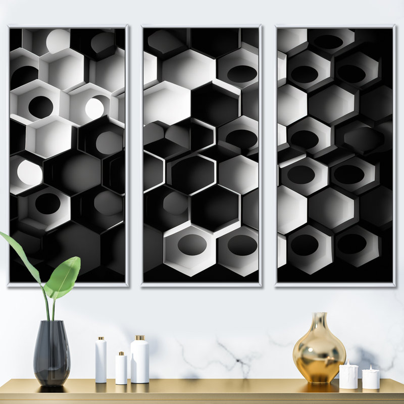 «Abstract Geomtric Black and White II», reproduction sur toile 3 pièces, H 32 po x l 48 po x P 1 po, Cadre blanc