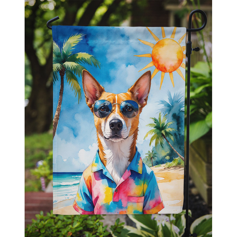 Bouvier bernois avec drapeau de jardin, Basenji