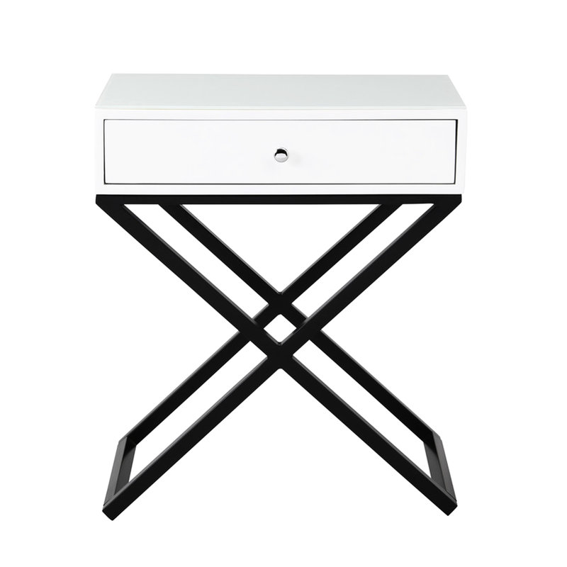Table de bout blanche avec surface en verre et tiroir pour table de chevet et rangement