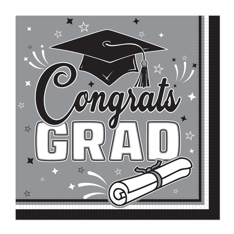 Grey & Black Congrats Grad 2-Ply Luncheon Napkins, 36 Napkins/Package, Grey/Black