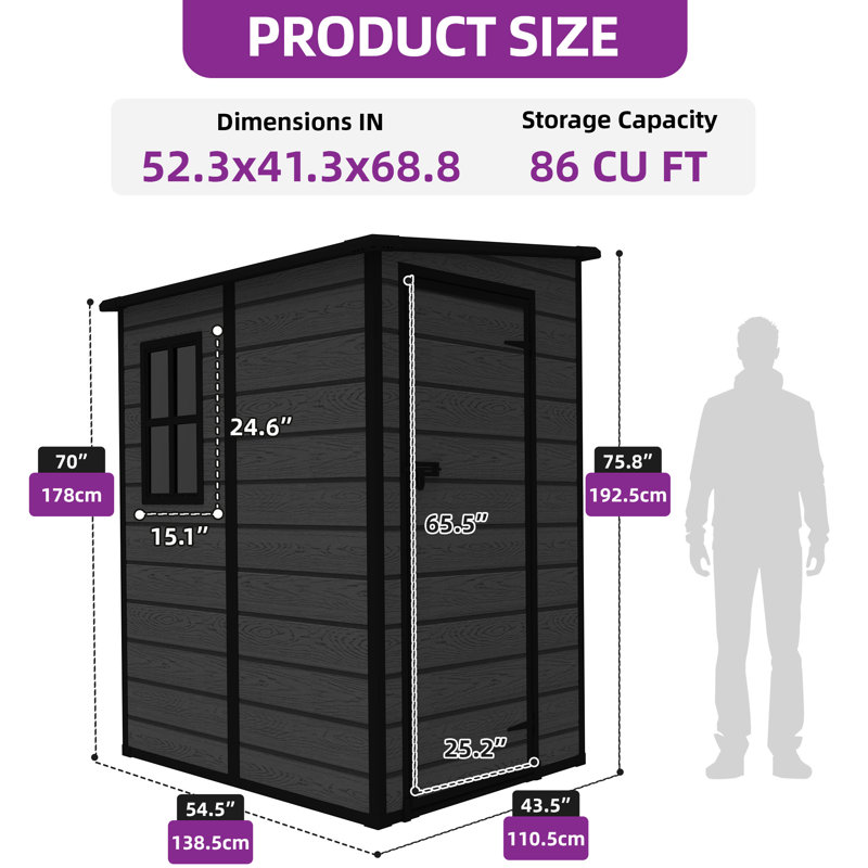 5 ft. W x 4 ft. D Resin Lean-to Storage Shed, 75.8" H x 59.98" W x 48" D, Black