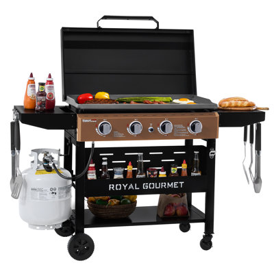 Royal Gourmet 4-Burner Gas Griddle with Hood, Stylish Antique Bronze Control Panel