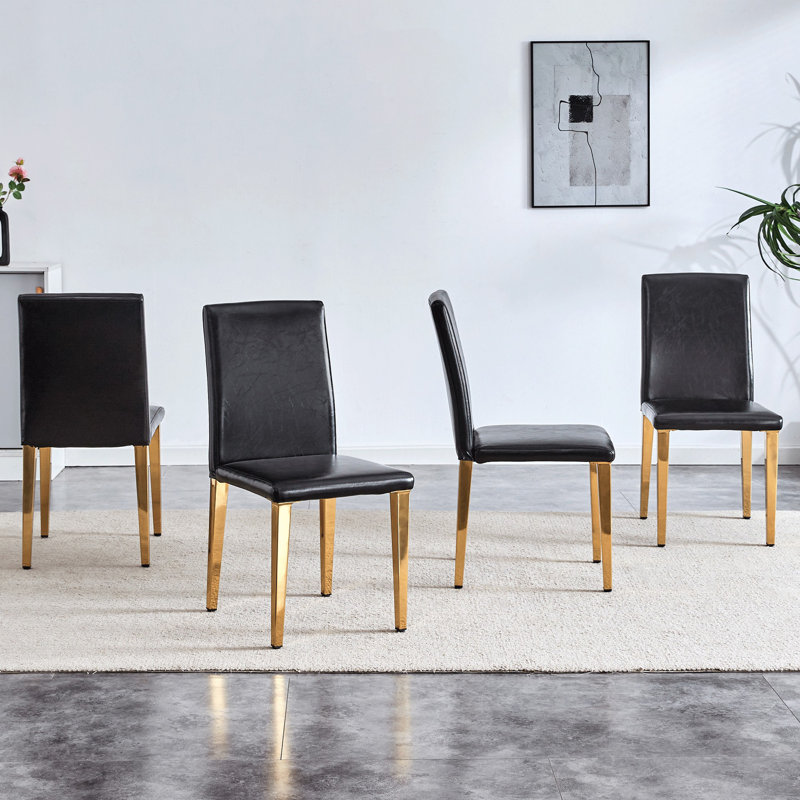 Chaises de salle à manger en cuir PU Uriah avec pieds en métal, 4, Noir, Doré