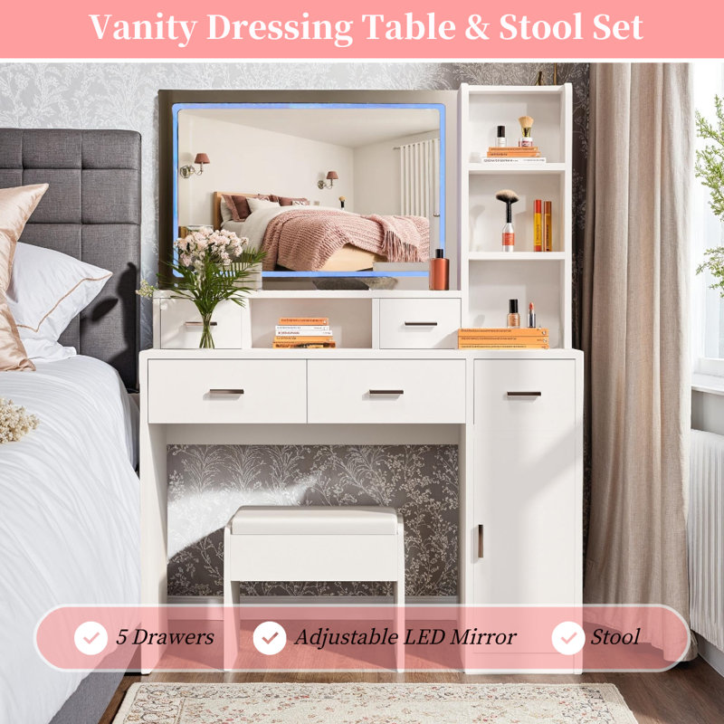 Makeup Vanity & Stool Set with Adjustable LED Mirror, Power Socket, White