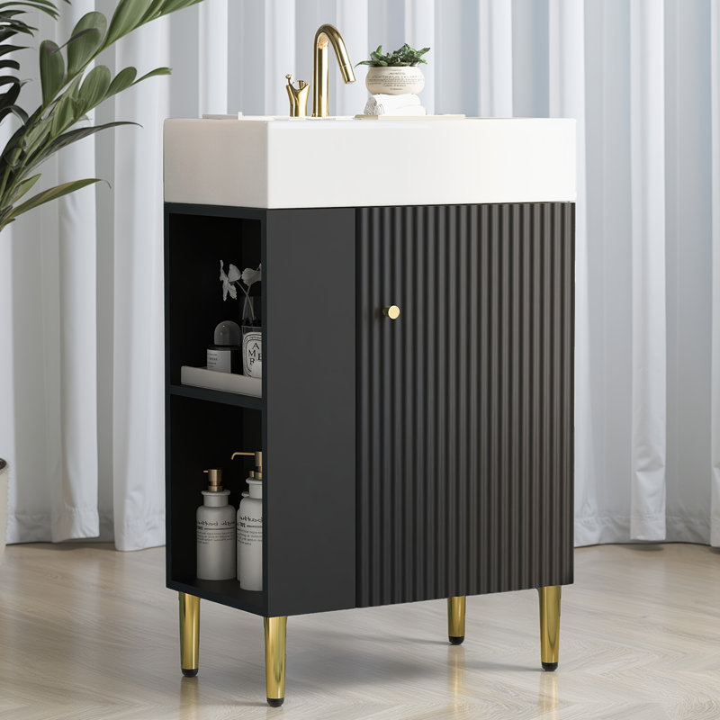21.6" Black Bathroom Vanity Combo - Single Ceramic Sink With Left Side Storage Cabinet