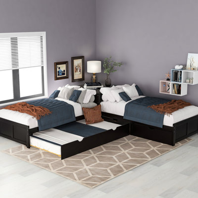 Twin L-shaped Bed With Drawer And Trundle In Finish Platform Convertible Storage