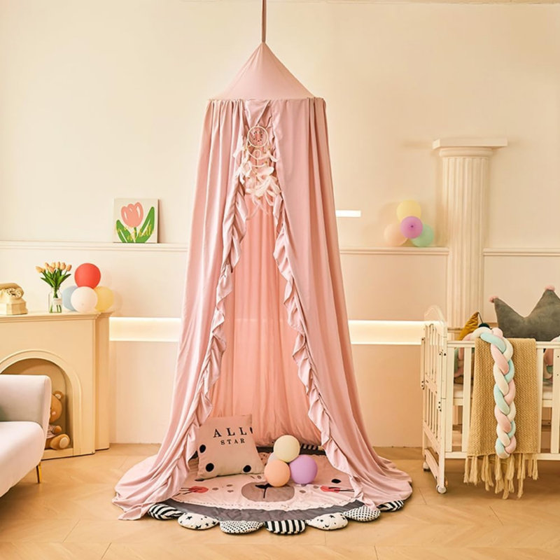 Bed Canopy for Girls with Ruffled,Princess Round Dome Children (Beige Pink)