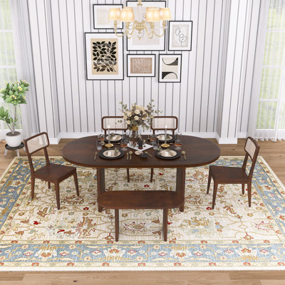 6 Piece Wood Dining Table Set With Oval Tabletop And Sleek Trestle, 4 Rattan-Back Dining Chairs,1 Bench,Anti-Scratch Foot Pads,Easy To Assembly