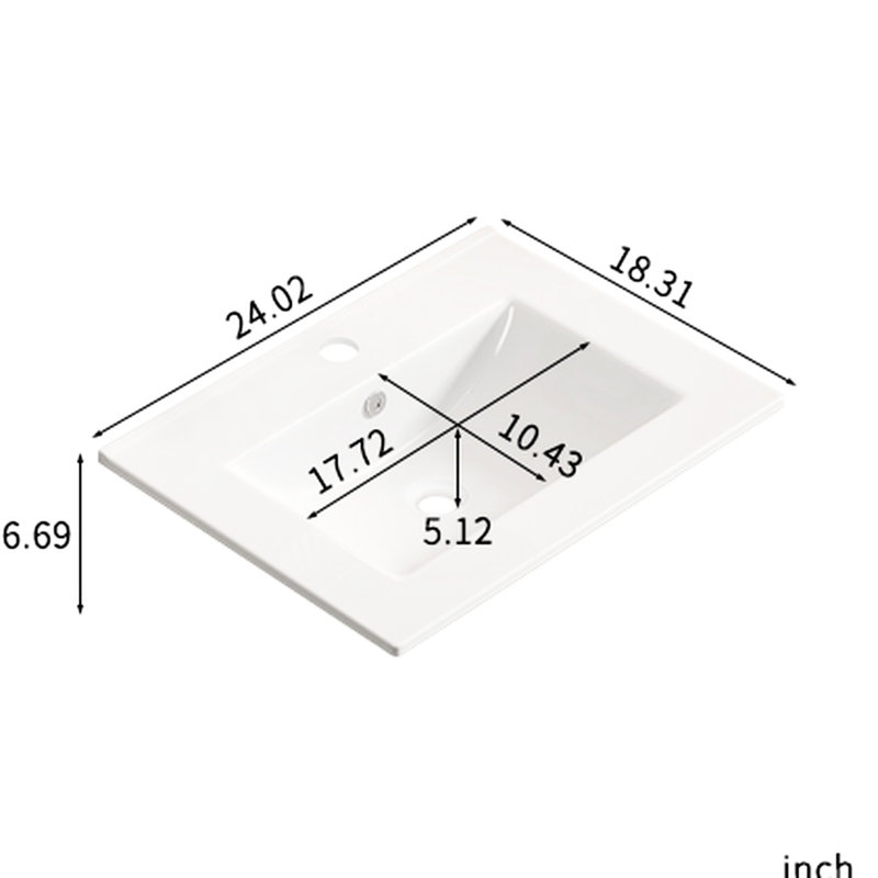 Meuble-lavabo de 61 cm (24 po) avec rangement suspendu en contreplaqué, lavabo en porcelaine cuite à 1280 °C, tiroirs à ouverture et fermeture fluides, profondeur de 57,2 cm (22,52 po), hauteur de 61 cm (24 po), en céramique à base d'argile, surface en marbre reconstitué
