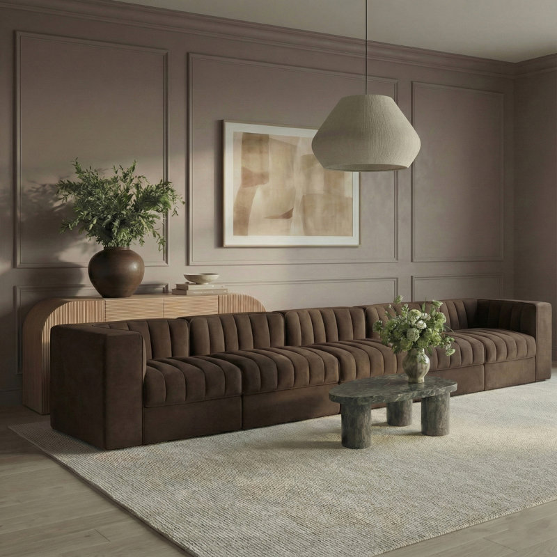 Tissu d'ameublement en velours Paynton 5 pièces Canapé modulaire, 27 po H x 155 po L x 63 po P, 5, Brun