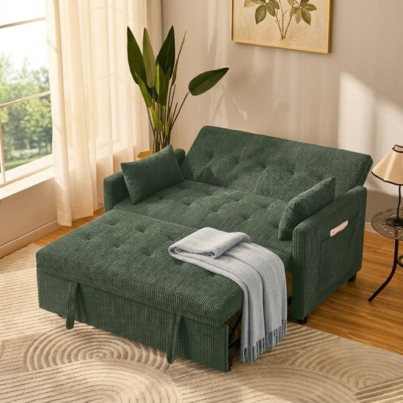 53" Sofa Bed, 3-in-1 Loveseat Sleeper Sofa with Pull Out Bed, Pockets and USB, Modern 2 Seater Convertible Small Couch for Living Room Bedroom Apartment,Corduroy Comfy Couches,Green