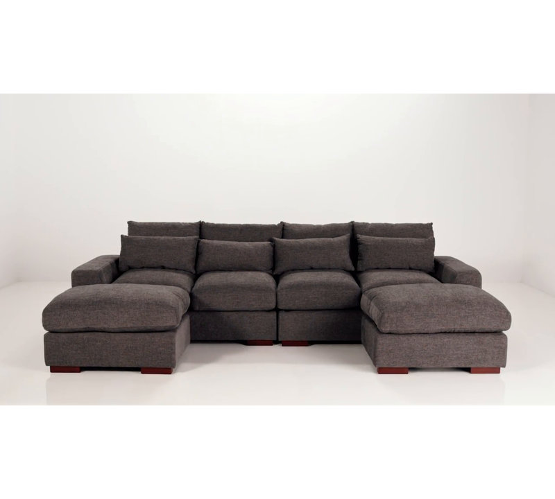 Beige Linen-Blend Modular Sectional Sofa with Ottoman & Toss Pillows