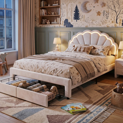 EU & UK Size Smart LED White Velvet Upholstered Bed Frame With Storage Drawers, Scalloped Petal Headboard & App Controlled RGB LED, 90/140X200cm & 120X190cm