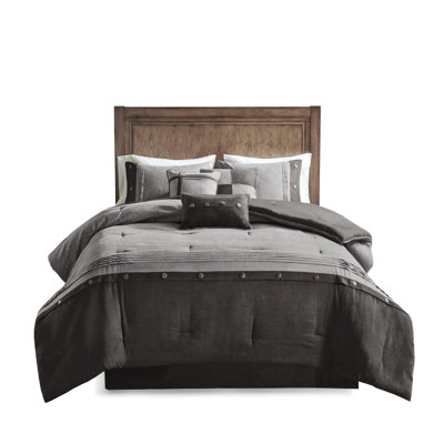 7 Piece Faux Suede Comforter - Queen, Grey Lodge Cabin Style Buttons Filling Wrinkle Queen Decorative Classy