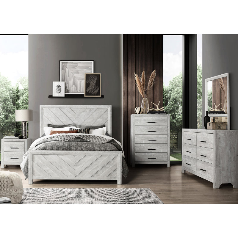 Lit double gris, moderne et fonctionnel avec lit de tête de lit en bois massif gris