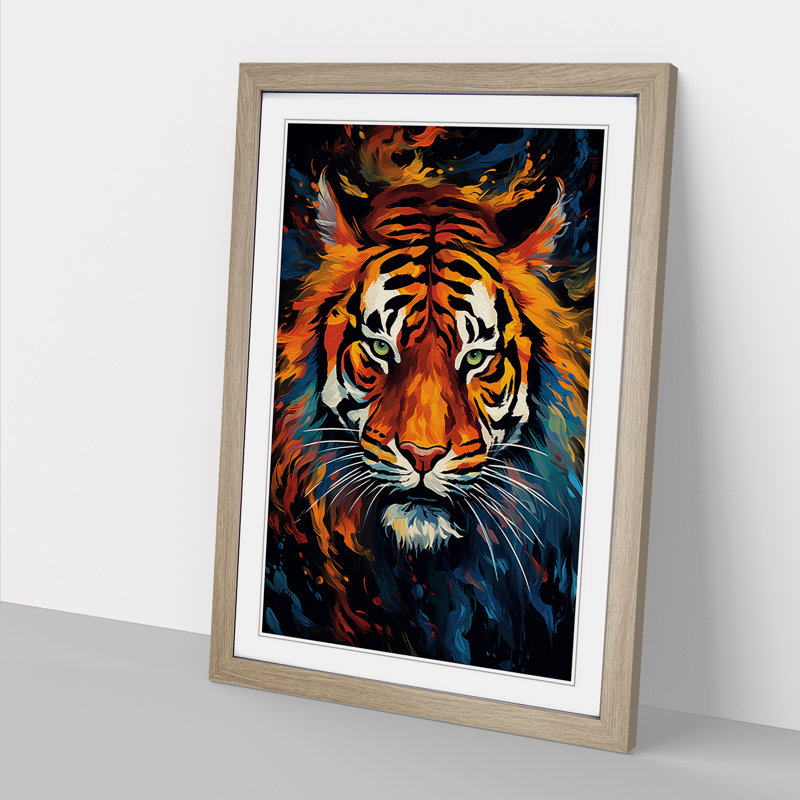 Tiger Abstract - Single Picture Frame Print on Wood, Oak Framed, 64cm H x 46cm W