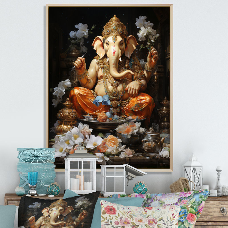 «Dairyn Hinduisim Art Ganeshas Blessing I», reproduction, H 32 po x l 16 po x P 1 po, Cadre naturel flottant