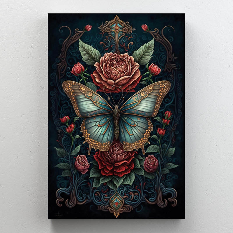 Roses et papillon - impression sur toile tendue, H 14 po x L 11 po x l 1,25 po