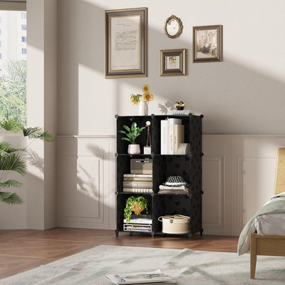 Organisateur de rangement à 6 cubes, bibliothèque à motif noir et armoire de placard, tablettes ouvertes pour la maison, la chambre à coucher, le salon ou le bureau