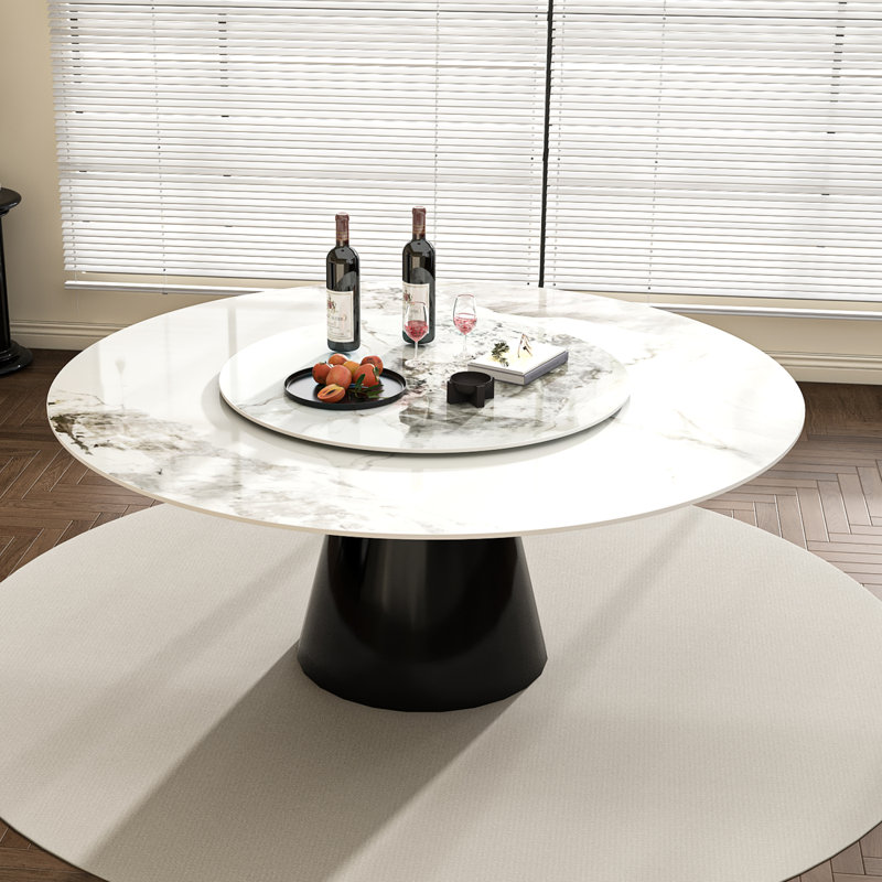 Table de salle à manger ronde en marbre 59 po, table de salle à manger en pierre frittée avec base conique en acier inoxydable, table de salle à manger robuste pour la salle à manger de cuisine pour 6 à 8 personnes