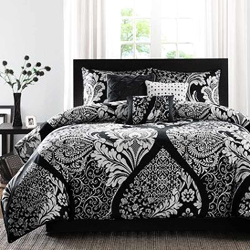 Édredon 7 pièces en coton noir - pour très grand lit avec une jolie broderie, Édredon de très grande taille et 6 pièces suppl
