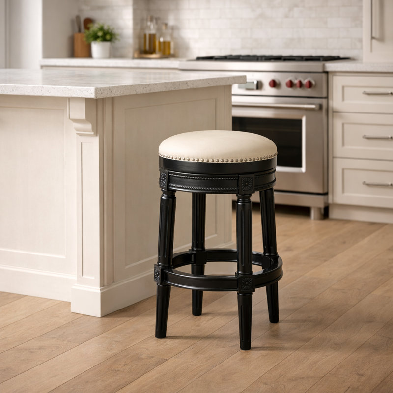 Tabouret de bar et de comptoir pivotant sans dossier Mehar, Obsidienne noire avec similicuir ivoire, 3
