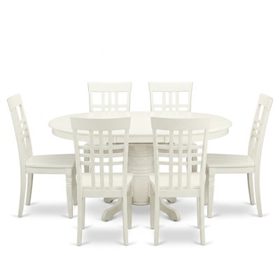 Ensemble de salle à manger ovale 7 pièces en bois d'hévéa massif blanc lin, comprenant 6 chaises à assise en bois et une rallonge de 45 cm avec rangement intégré.