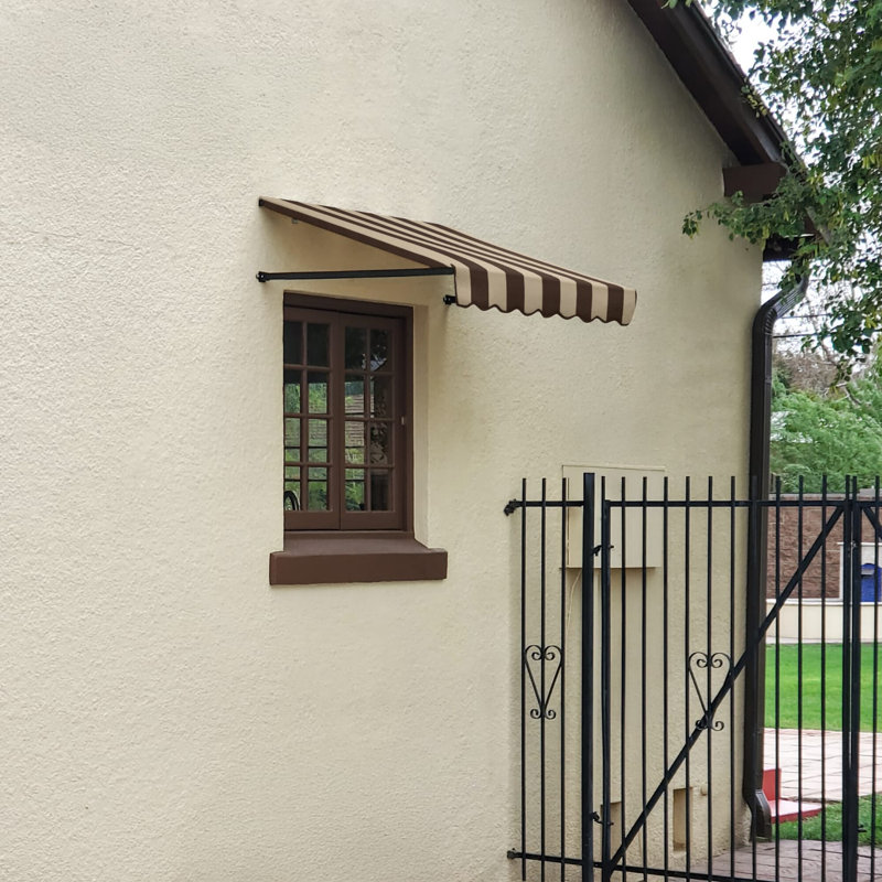 Auvent fixe en tissu acrylique rétro Awntech Dallas, H 16 po x l 64,5 po x P 30 po, Rayures brun / brun clair