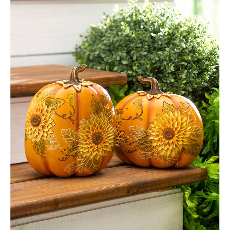 2 Piece Carved Pumpkins with Sunflowers Set