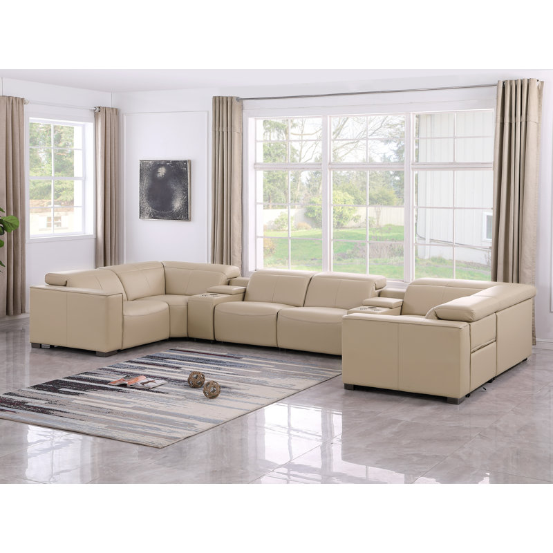 Hawthorne Luxurious 8-Piece 4-Power Reclining Genuine Leather U-Sectional With Power Headrests, Beige